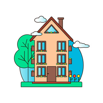 Brown house on blue background. Multistorey building with rectangular and triangular windows. Vector illustration in minimalist style with the image of the building, flowers, grass, wood, clouds.