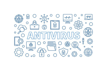 Antivirus vector concept outline simple horizontal illustration. Computer Virus Protection banner on white background