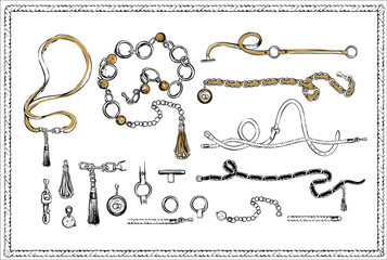 Leather and golden chain belts elements and frames. Vintage belt abstract illustration kit on white background. Fashion decoration elements. Isolated vintage baroque belt pattern vector elements.