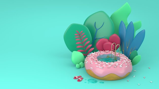 Donut pool in the backyard with plants, minimal summer holiday, vacation creative concept, stay at home