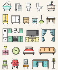 Interior objects. Vector colorful flat style illustrations set
