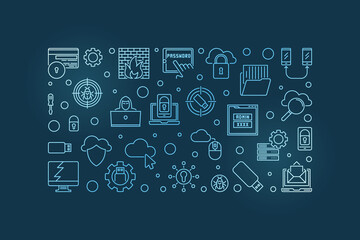 Computer Security Technology vector concept outline blue horizontal illustration or banner on dark background