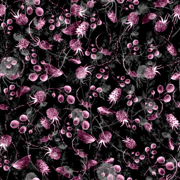 Watercolor seamless background floral pattern. Berry set - raspberries, blackberries, grass and plant flowers, burdock, thistle, alga, inflorescence, wild herbs. Floral pattern