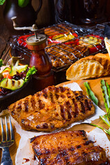 grilled neck chops with caramelized vegetables.