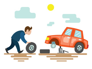 The man replaces the tire on the car. Vector illustration with a broken red car on the road.