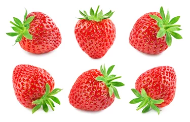Fotobehang Strawberry isolated. Strawberries with leaf isolate. Whole strawberry on white. Strawberries isolate. Top view strawberries set. Full depth of field. © Tim UR