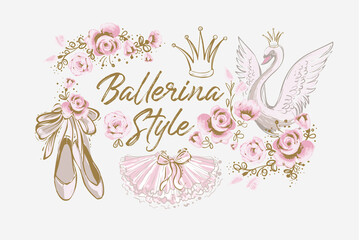 Ballet cute t-shirt print, ballerina crown, princess swan, pointe shoes, tutu skirt. Hand drawn vector gold and pink vintage watercolor illustration on white background. Baby girl fashion design