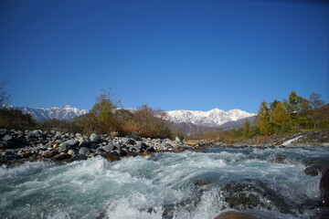 typical mountain landscape of Japanese alps in Hakuba at early Autumn