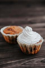 homemade cakes, cupcakes with different fillings on a dark background