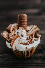 homemade cupcake with white cream and chocolate with nuts on a dark background