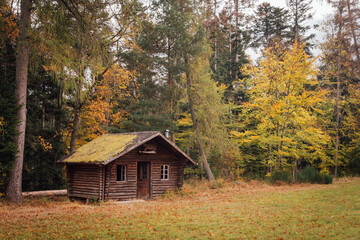 chalet dans une forêt automnale dans les Vosges