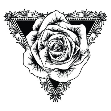 tattoo and t-shirt design black and white hand drawn  rose and triangle engraving ornament premium vector