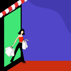 Vector - Woman working out from smartphone shopping online or website with many bags.