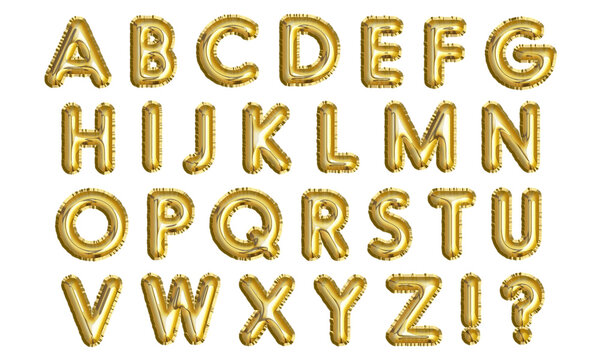 Golden inflatable balloons letters isolated on white background. Foil balloon font of English alphabet