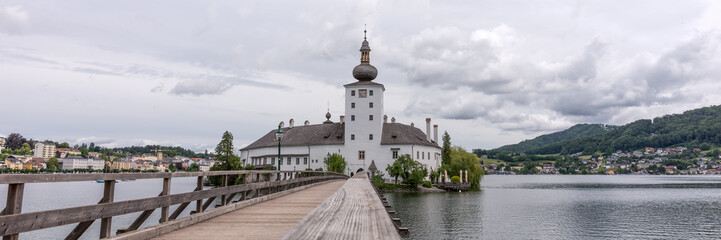 Panoramic image from the wooden bridge to the castle named Ort in the city Gmunden. Austria