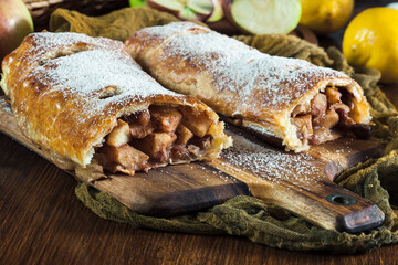 Traditional puff pastry strudel with apple
