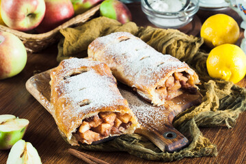 Traditional puff pastry strudel with apple