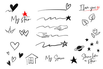 Set of black doodle elements: hearts, underline, emphasis, space, stars, leaf, home, hands underline, saturn, crown, flower. Hand drawn black line graphic illustrations on white background