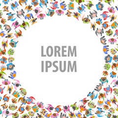 A large group of people crowds in the shape of a circle. Top view. People stand in the shape of a round frame. View from above.