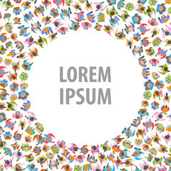 A large group of people crowds in the shape of a circle. Top view. People stand in the shape of a round frame. View from above.