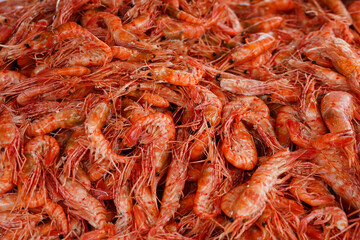 Natural background with lots of red cooked prawns