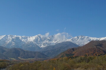 autumn landscape with river in the mountains of Japanese alps