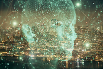 Brain hologram drawing on city scape background Double exposure. Brainstorming concept.