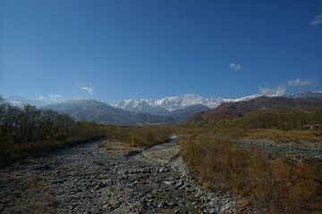 autumn landscape with river in the mountains of Japanese alps