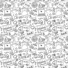 Online shopping hand drawn seamless pattern. Doodle e-commerce background. Vector illustration.