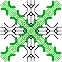 Variants of a braided pigtail pattern made on grid cells on a white background. The pattern resembles the shape of a knitted pigtail, and makes up squares, circles, and other geometric shapes.
