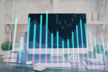 Forex graph hologram on table with computer background. Double exposure. Concept of financial markets.