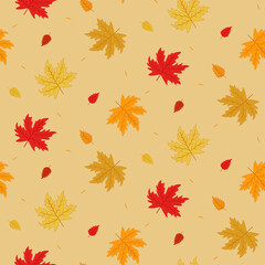 Vector - Abstract seamless pattern Maple leaves on dark yellow background. Autumn.