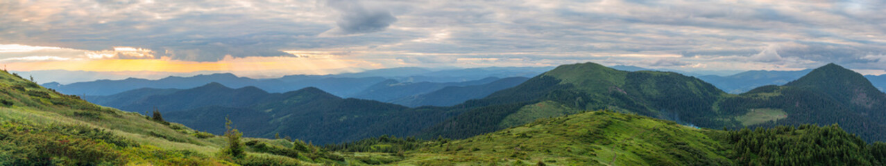 Naklejka na ściany i meble Panorama of mountain range, landscape in sunset, scenic wild nature view from mountain peak, Carpathians