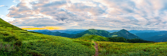 Fototapeta na wymiar Colorful panorama of mountain range, landscape in sunset, scenic wild nature, Carpathians