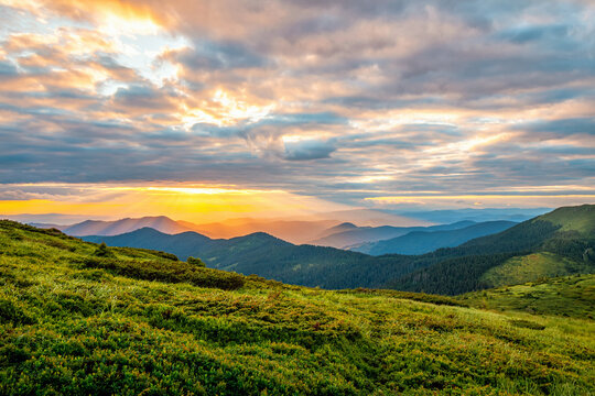 Colorful landscape at sunset in the mountains, scenic wild nature, Carpathians © O.Farion