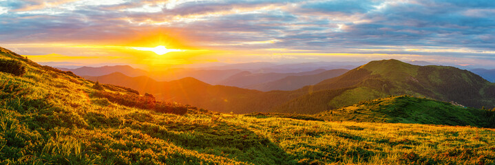Naklejka na ściany i meble Colorful landscape at sunset in the mountains, scenic wild nature panorama, Carpathians