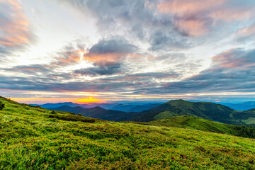 Colorful landscape at sunset in the mountains, scenic wild nature, Carpathians