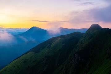 Colorful sunrise landscape in the mountains, scenic wild nature panorama at the dawn, Carpathians