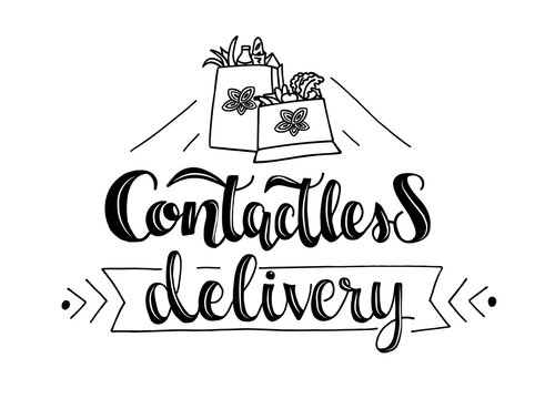Hand scatched text Contactless Delivery with bag icons for poster, banner, screensaver for site, on-line shop. Letteing tipography.