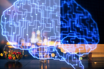 Obraz premium Double exposure of desktop computer and human brain drawing hologram. Ai concept.