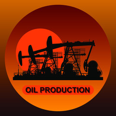 Oil pumps at sunset. Oil industry. Extraction of crude oil. Vector illustration.