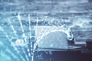 Desktop computer background and DNA drawing. Double exposure. Science concept.
