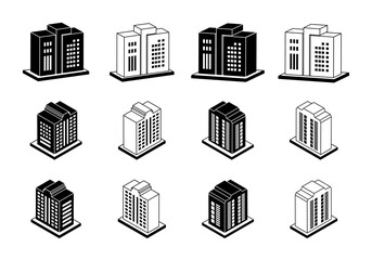 Building icons set, Company vector, Silhouette hotel and condo illustration on white background, Perspective bank and office, 3D apartment