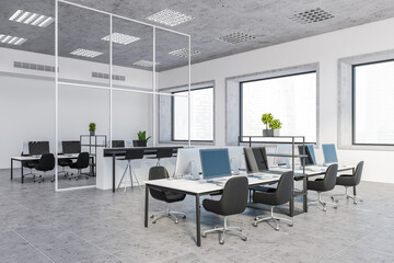 White open space office corner with white tables