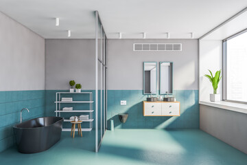 Grey and blue bathroom interior