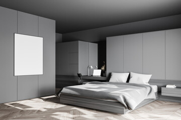 Grey bedroom corner with poster