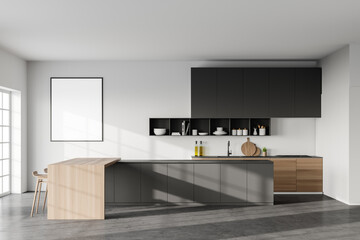 White kitchen with bar and poster