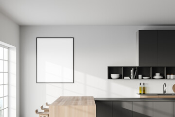 White kitchen with bar and poster, close up