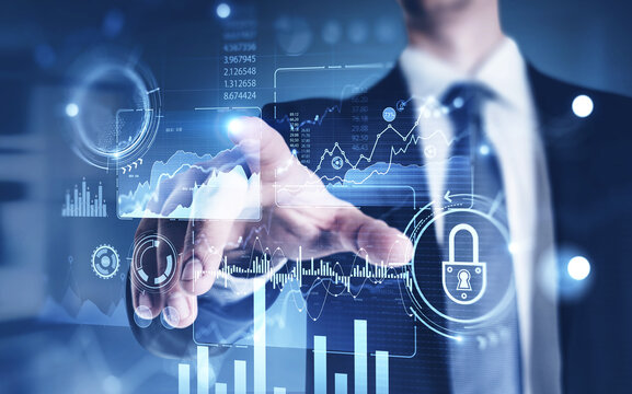 Man working with financial interface in office