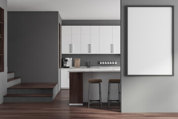 Grey and white kitchen with bar and poster